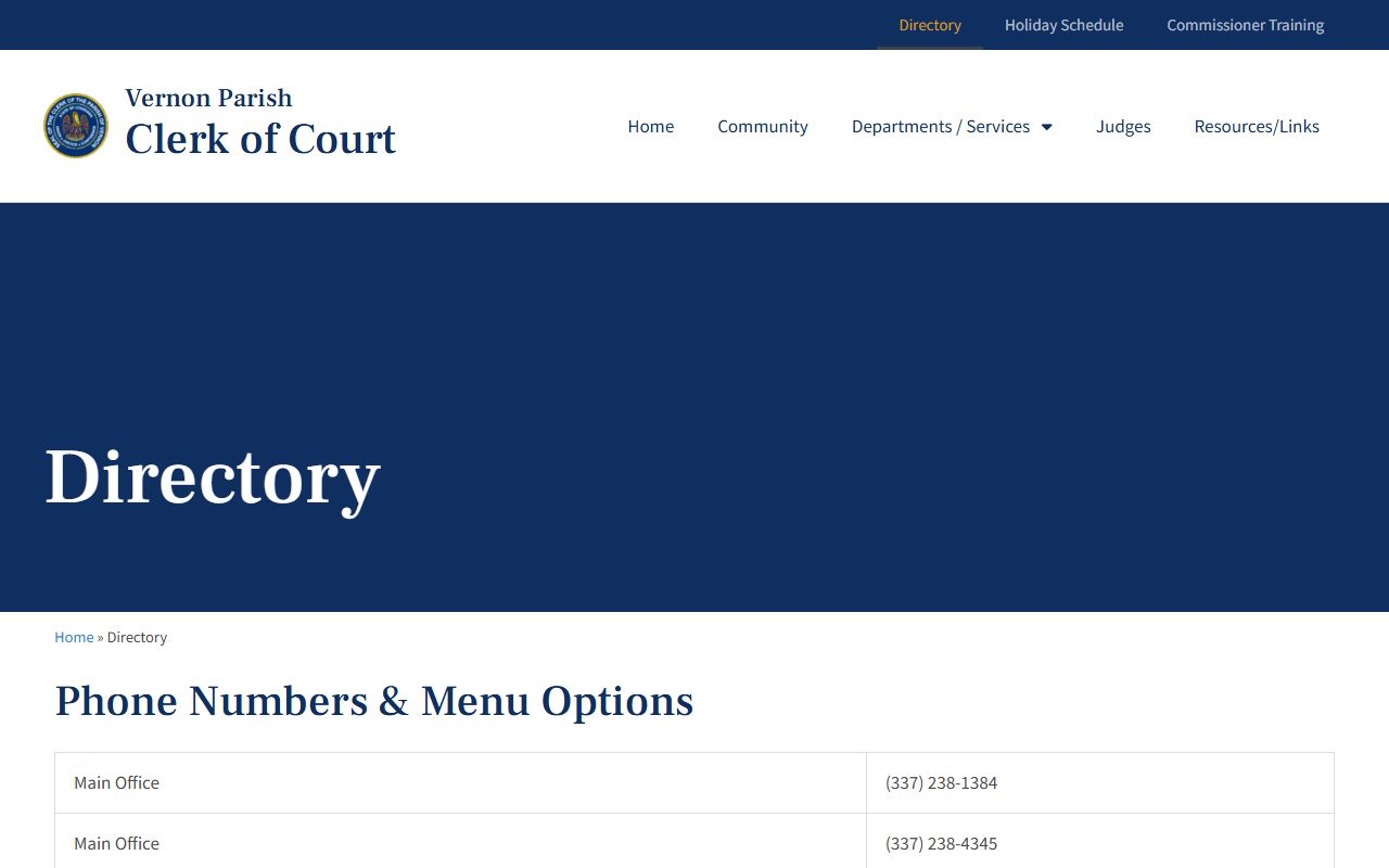 Vernon Parish Clerk of Court records directory phone menu