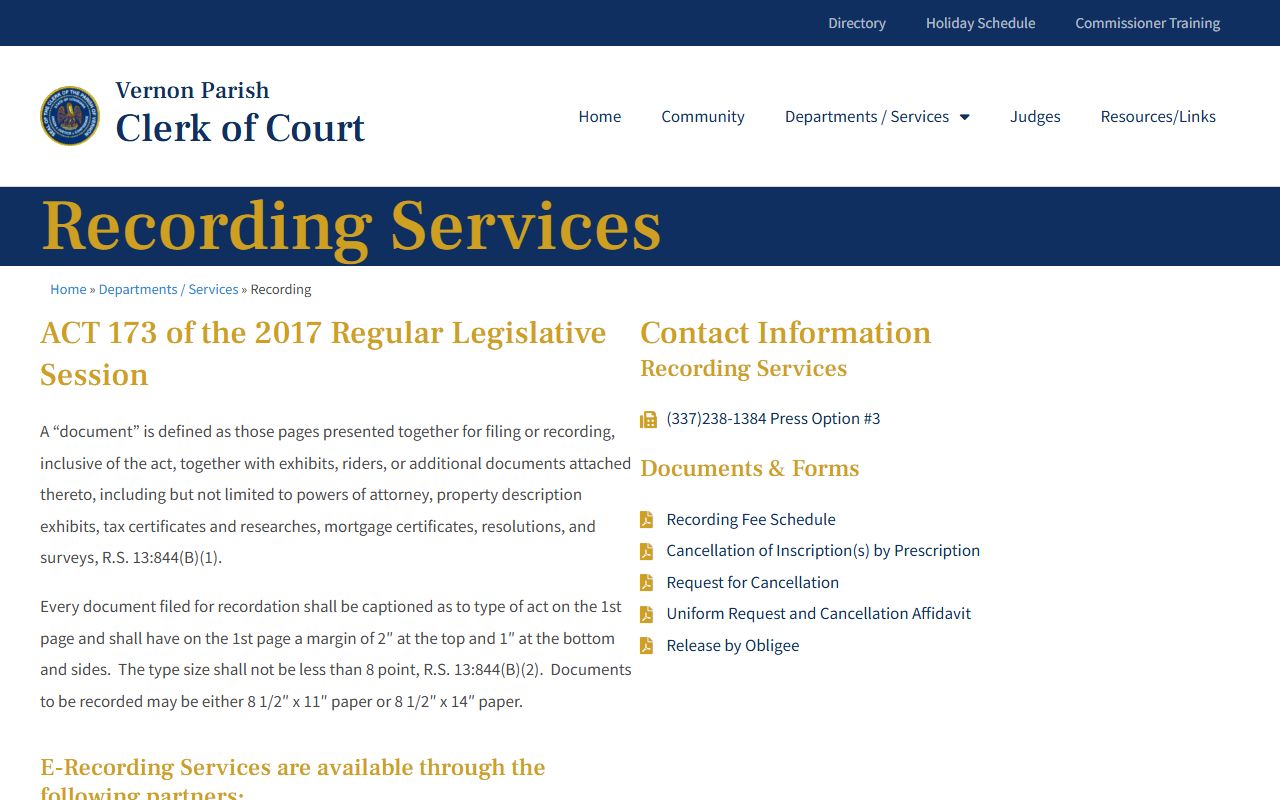Vernon Parish Clerk of Court records recording services and COTT online access