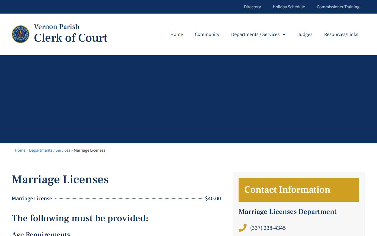 Vernon Parish marriage records Clerk marriage license rules